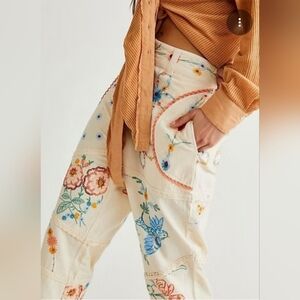 Rare FREE PEOPLE LOVE LETTERS Fully Embroidered Lace Trimmed Pants 14